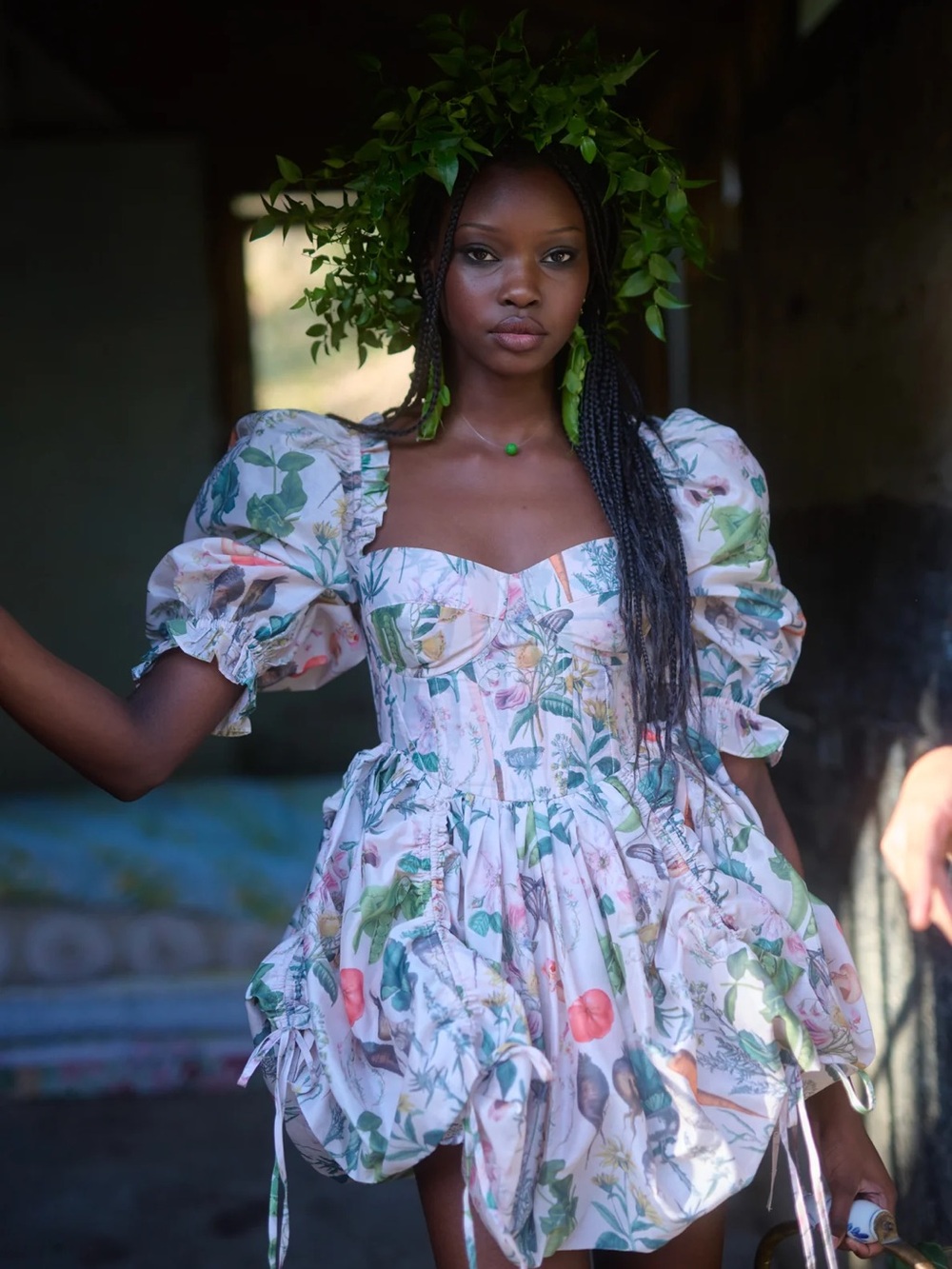 Selkie Garden Botanics Gwyn Floral Puff-Sleeve Mini Dress in Pastel Garden Print